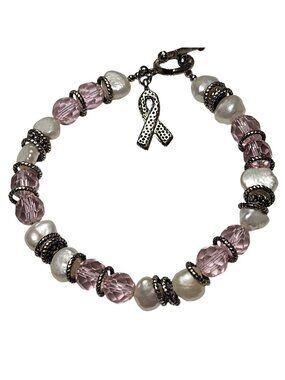 Breast Cancer Awareness Bracelet Pink White Beads Silver Ribbon Charm Women